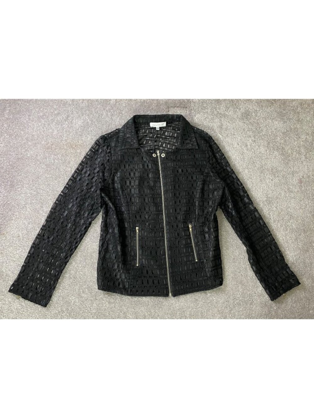 Keren Hart Black Sheer Textured Jacket Zipper Details Large